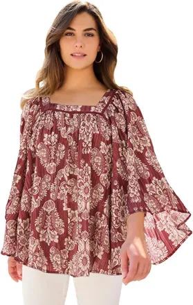 Roaman's Square Neck Lurex Blouse in Burgundy Peonies at Nordstrom, Size 20
