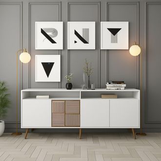 Dmora Aparador Benjamin, 2 Estantes, 6 Compartimentos, 4 Puertas, 180x35x79h Cm Blanco