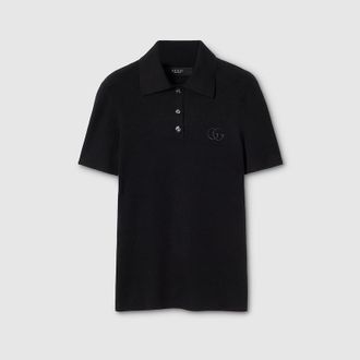 Gucci Cashmere Silk Polo Shirt With Embroidery, Black, Ready-to-wear