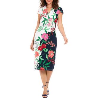 London Times Floral Cap Sleeve Midi Sheath Dress in Navy/Ivory at Nordstrom Rack, Size 12
