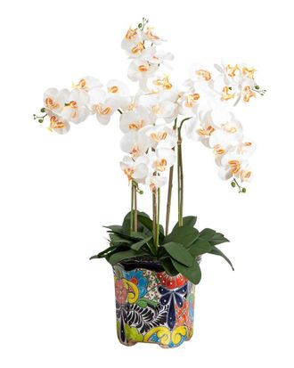 Nearly Natural Artificial Large Orchid Arrangement In Handmade Mexican Talavera Ceramic Planter