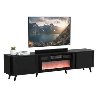 Dmora Mueble De Tv Vicino, Aparador De Sal&oacute;n Con Dos Puertas Batientes Y Chimenea El&eacute;ctrica, Elevado Del Suelo, 191x40 H58 Cm, Negro