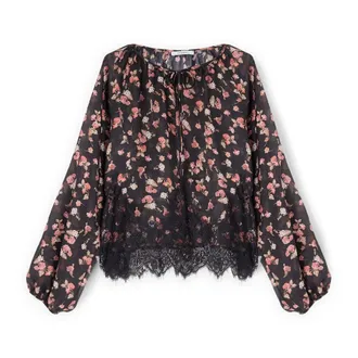 Motivi Overhemden, Dames, Zwart, L, Polyester, Georgette Blouse met Bloemendruk en Kant