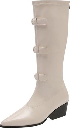 Generic Womens Knee High Boots with Metal Belt Buckle Solid Color Pointed Toe Long Stretch PU Leather Thick Heel Low Heel Fashionable Casual Waterproof Long S