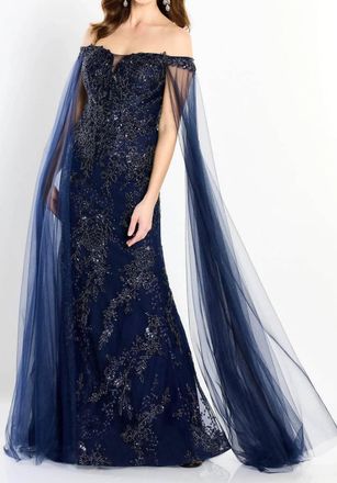 Montage by Mon Cheri Beaded Off Shoulder Evening Gown In Navy