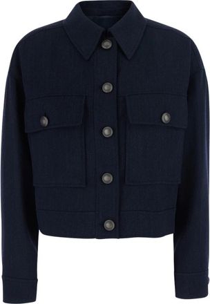 Brunello Cucinelli Crepe Chevron Cropped Jacket - Dames - Zomerjassen - Blauw - XS - Wol - Jassen