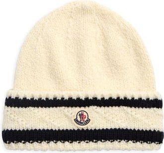 Moncler Logo Stripe Cuff Virgin Wool Blend Beanie in White/Navy at Nordstrom