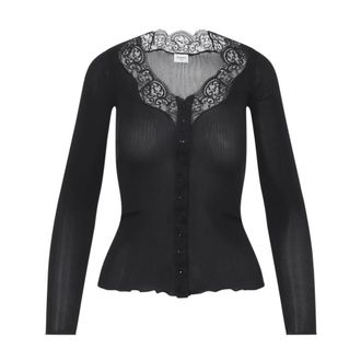 Saint Laurent Cardigans, female, Black, M, Laced Cardigan in Ribbed Silk