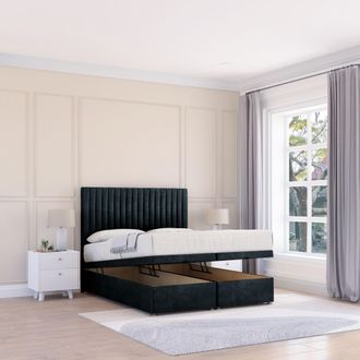 Sloomy Manhattan Naples Fabric Ottoman Bed End Opening With Sprung Memory Mattress & 26 Inch strut Headboard in Black | Size: Small Single