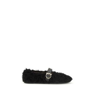 Ferragamo Black Fur Ballet Womens Flats