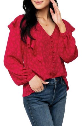 Gibsonlook Animal Spot Ruffled Blouse in Berry Cheetah at Nordstrom, Size Small