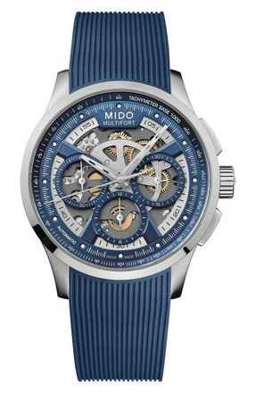 Mido Multifort Skeleton Chronograph Automatic Rubber Strap Watch, 43mm in Blue at Nordstrom