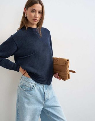Topshop maglione lavorato a maglia con tasca blu notte-Blu navy