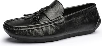 Generic Mens Loafers Genuine Leather Tassel Stitching Details Round Toe Flexible Slip Resistant Flat Heel Classic Prom Slip-on(5.5 UK) Black