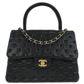 Chanel Paris-Rome Coco Top Handle Bag Cross Stitch Lambskin Black Leather Handbag (Pre-Owned)