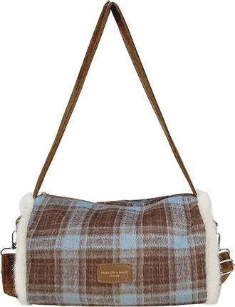 Generic Cymwer Autumn Plaid Crossbody Bag Cylindrical Bag with Zipper Closure for Women (Blue)