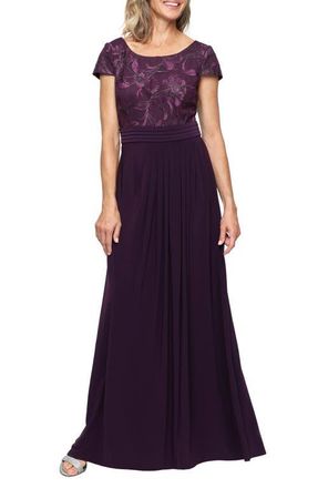 Alex Evenings Floral Embroidered Empire Waist A-Line Gown in Plum at Nordstrom, Size 14