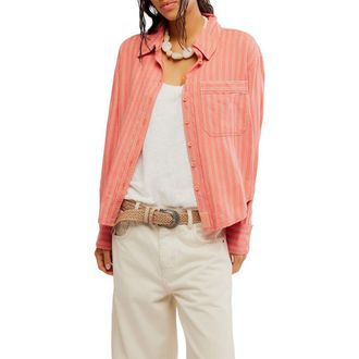 Free People Laurel Linen Blend Button-Up Shirt in Cinnamon Combo at Nordstrom, Size X-Small