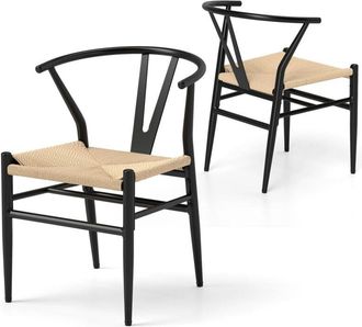 Costway Set di 2 Sedie Sala da Pranzo, Sedie Moderna in Metallo con Seduta Intrecciato, Schienale a Forma di Y e Braccioli, Poltrone per Ufficio