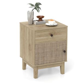 Costway Costway Comodino In Rattan 40 X 39 X 55 Cm, Mobile Moderno Con Cassetto, Armadietto E Gambe In Legno Massello, Tavolino In Stile Boemia Per Camera Da 