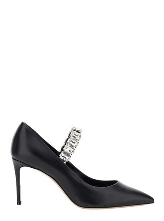 Casadei Black Pumps With Crystal Embellished Strap And High Stiletto Heel In Leather Woman