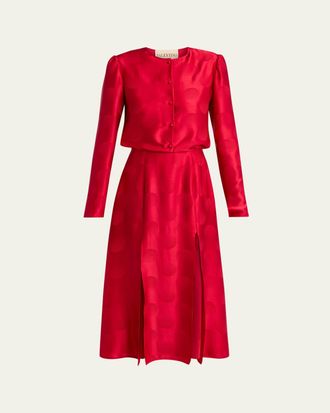 Valentino Garavani Polka-Dot Satin Long-Sleeve Slits Midi Dress