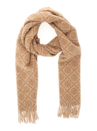 Tory Burch Womens Scarf With T Monogram Beige Wool Scarfs