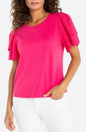 Liverpool L.A. Eyelet Sleeve Mixed Media Top in Diva Pink at Nordstrom, Size X-Small