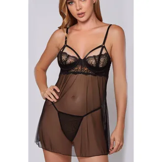 iCollection Demure Strappy Lace Babydoll Set in Black at Nordstrom, Size X-Large