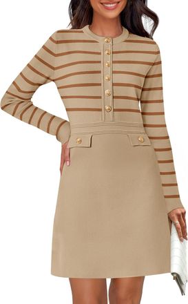 Merokeety Womens Long Sleeve Striped Sweater Dress Button Crewneck Fall Bodycon Formal Mini Dresses, Khaki, S