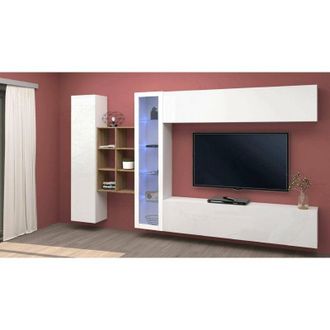 Dmora Pared Equipada Dcavio, Conjunto De Sal&oacute;n Mueble De Tv Con 4 Puertas, Mueble De Sal&oacute;n Polivalente Con Vitrina Y Luz Led, 100% Made In Italy, Cm 280x30h