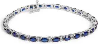 House of Brilliance Sterling Silver Alternating Diamond Accent and Oval Blue Sapphire Tennis Bracelet