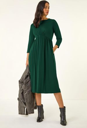 DUSK Gathered Pocket Stretch Midi Dress