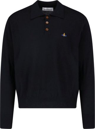Vivienne Westwood Black Wool Polo with Classic Collar and Multicolor Logo