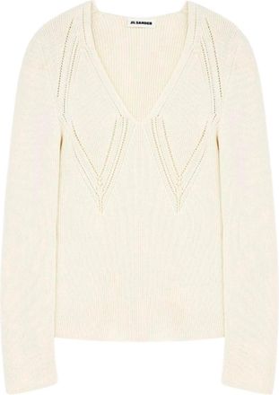 Jil Sander Womens Long Sleeve V-Neck Sweater In Cream