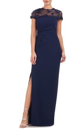 JS Collections Laney Rosette Embroidered Mesh Yoke Sheath Gown in Navy at Nordstrom Rack, Size 8