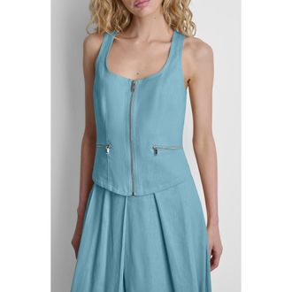 DKNY Linen Blend Sleeveless Zip Front Top in Cameo Blue at Nordstrom, Size X-Small