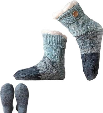 Generic Knitted Ultra-thick Slipper Home Socks, Non-Slip and Fluffy Warm Winter Socks, Tri-color Patchwork Cashmere Sock for Women (BLUE)