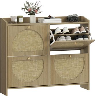 HOMCOM zapatero estrecho con 4 puertas de ratán, zapatero entrada recibidor con estantes ajustables, para 16 pares de zapatos, 104,5x24x88 cm, natural