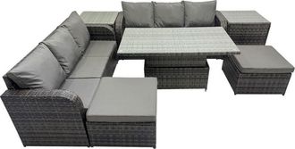 Fimous Rattan Garden Furniture Dining Set 8-seater Patio Height Adjustable Rising Lifting Table Sofa Set with 2 Side Table 2 Big Footstool Dark Grey Mixed