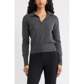 Open Edit Long Sleeve Polo Sweater in Grey Dark Charcoal Heather at Nordstrom, Size Xx-Small