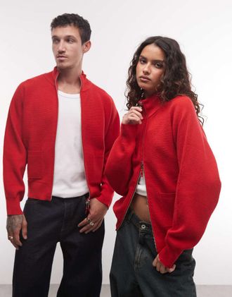 Reclaimed Vintage cardigan unisex in maglia fine con collo a imbuto e zip, rosso