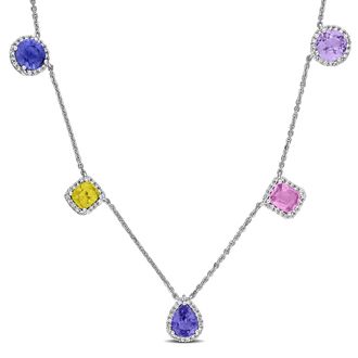 Mimi & Max 4 1/10ct TGW Green Pruple Sapphire 3/8ct TW Diamond Halo Station Necklace 14k Rose Gold