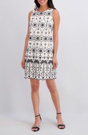 London Times Embroidered Eyelet Sleeveless Cotton Shift Dress in White Black at Nordstrom Rack, Size 12