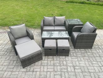 Fimous 7 Seater Rattan Lounge Sofa Set Outdoor Garden Furniture Set with Rectangular Coffee Table Love Sofa Side Table in Dark Grey