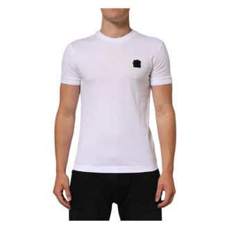 Dolce & Gabbana T-Shirts, male, White, XS, White Cotton Logo Patch Crew Neck T-shirt