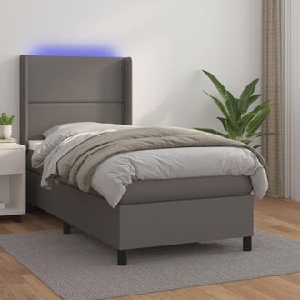 vidaXL Vidaxl - Cama Box Spring Colch&oacute;n Y Led Cuero Sint&eacute;tico Gris 100x200 Cm