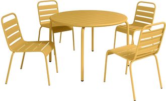 Vente-Unique Mesa y sillas de jard&iacute;n de metal - Mesa D.110cm y 4 sillas apilables - Amarillo mostaza - MIRMANDE de MYLIA