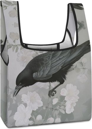 Generic Crow And Flowers Shopping Bag Reusable Grocery Tote Bag Foldable Handbag for Travel Picnic