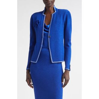 St. John Betsey Rosette Embellished Legacy Crepe Knit Jacket in Cobalt/soft Blue Multi at Nordstrom, Size X-Small